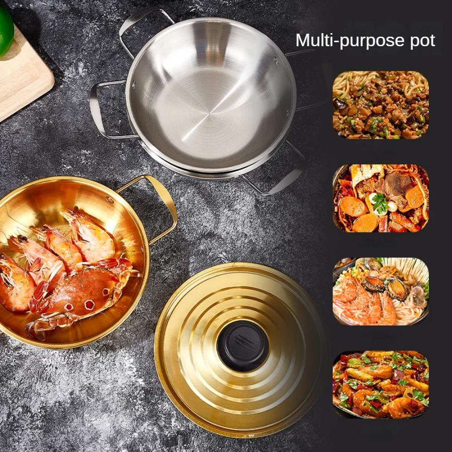 Korean style spiral covered soup pot, stainless steel instant noodle pot, golden hot pot, double ear small pot soup pot milk pot
