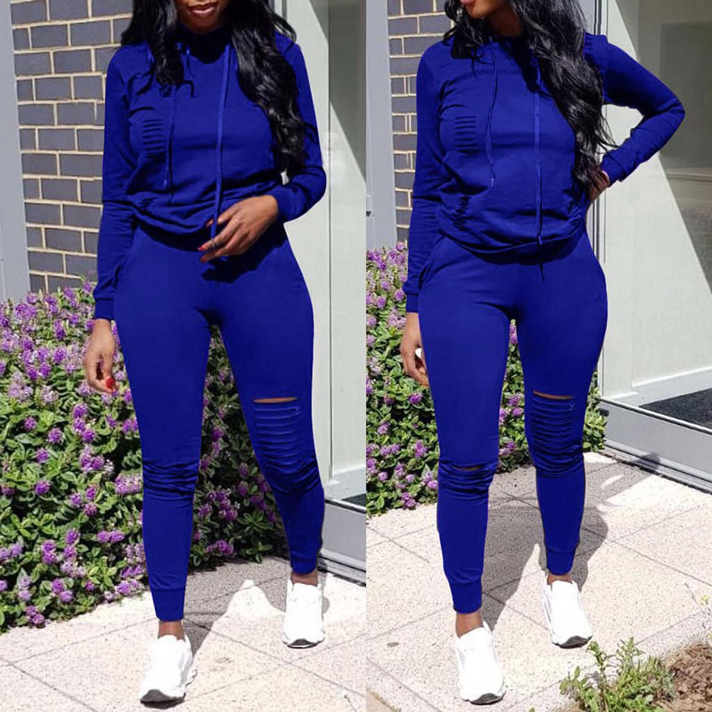 Fashion Womens Long Sleeve Hole Pocket Hoodies Drawstring Pants Loose Tops Set