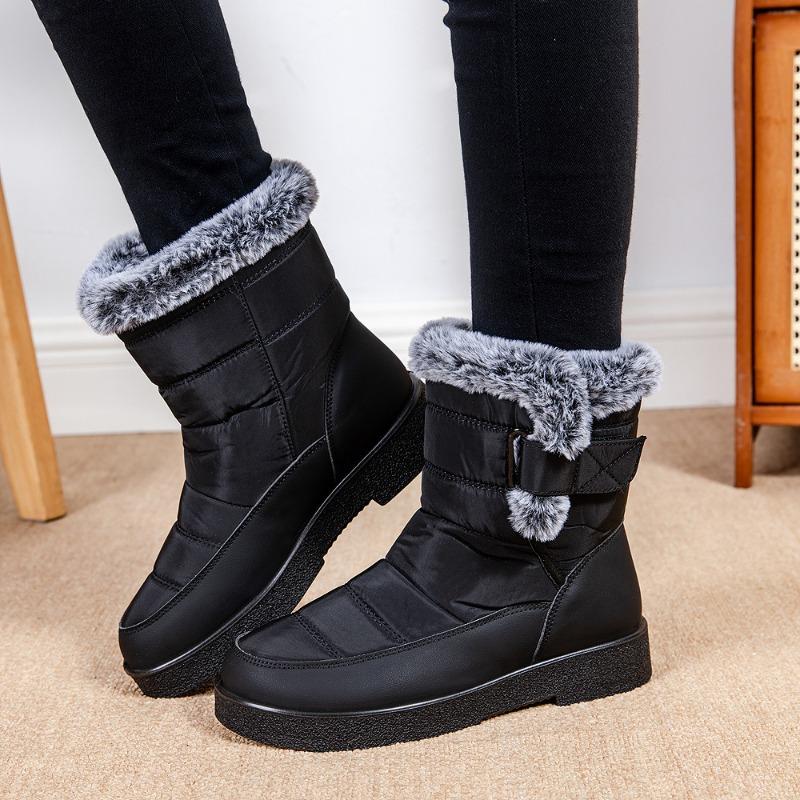 New Faux Rabbit Fur Lined High-Cut Women's Snow Boots, Velcro Waterproof Casual Winter Shoes
