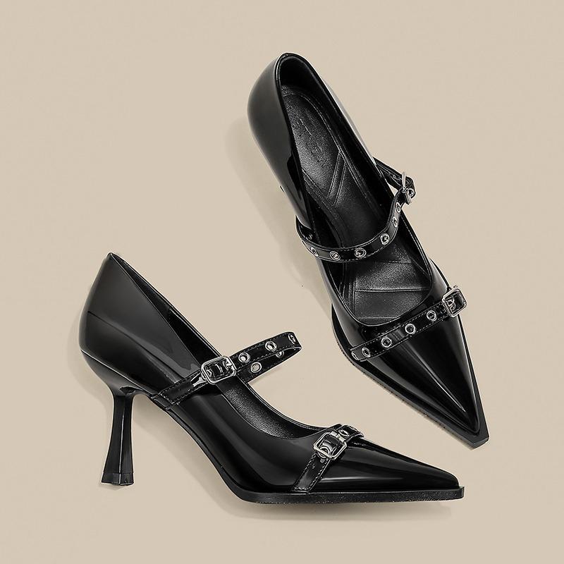 2026 New French Pointed Toe Rivet High Heels for Spring and Autumn Women's Stiletto Beautiful Shallow Mouth Strap Single Shoes