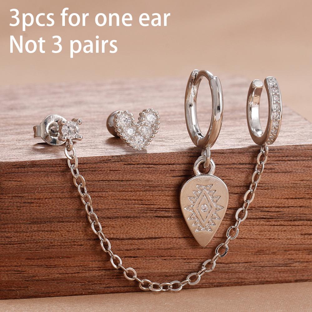 Fashion Zircon Eye Leaf Shaped Dangle Earrings Set for Women Stainless Steel Chain Ear Stud Ear Clip Trend Birthday Jewelry Gift