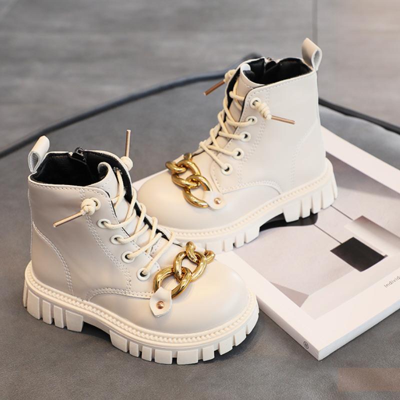 Bottes d'hiver pour enfants Bottes classiques à plateforme à la cheville en métal pour filles Noir Beige Polyvalent Enfants Décontracté Mode Bottes en coton Antidérapant