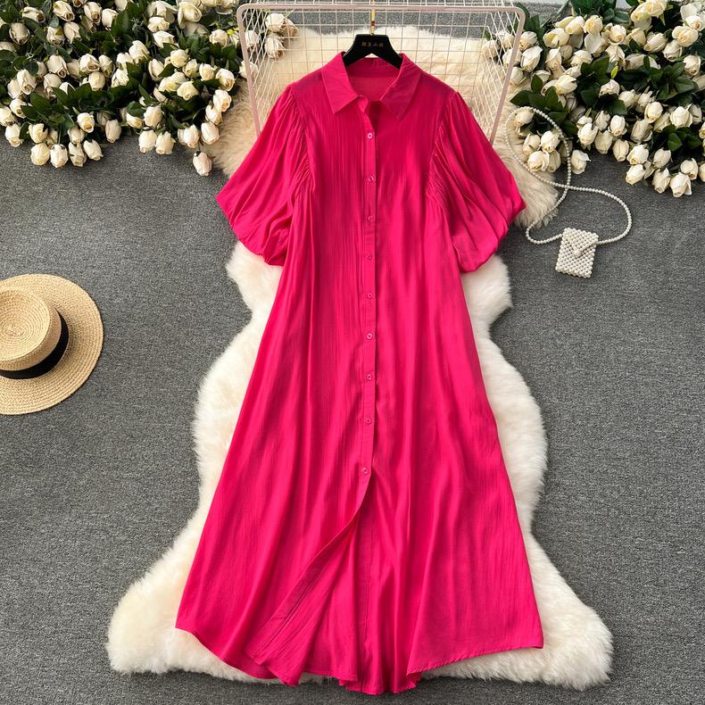 Einfarbiges, einreihiges Revers, langes Kleid mit halben Blasenärmeln für lockere Damenkleidung, Frühlings- und Sommerhemdkleid