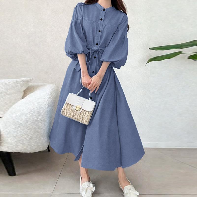 ZANZEA Women Casual Round Neck 3/4 Sleeve Loose Dress