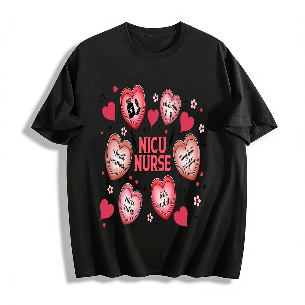NICU Nurse Valentine s Day Heart Print Crewneck Tee Pure cotton T-shirt XXS