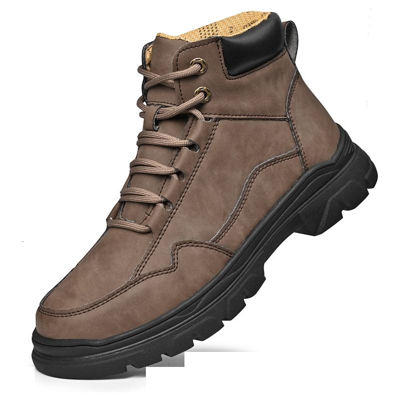 Men Gray Coffee Large Size Large Size Leather Work Boots Lace Up Rugged Utility Shoes Outdoor Walking Autumn Travel Footwear