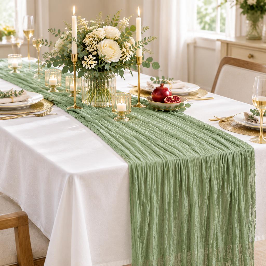 Bohemian Pleated Table Runner Sage Green 90x180cm