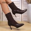 Pointed Toe High Heel Elegant Women's Brown Short Boots Side Zip Stretch Sock Boots for Women Fashion Leather Black Botines
