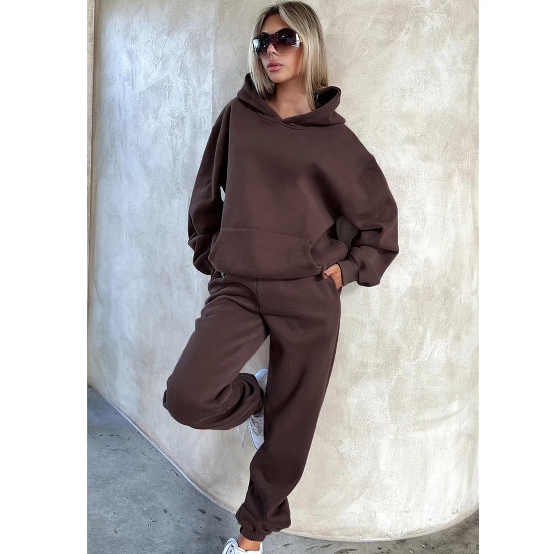 

Женский однотонный комплект осенне-зимнего флисового свитшота с длинными рукавами и капюшоном, модный повседневный толстовка, брючный костюм XL кофейный