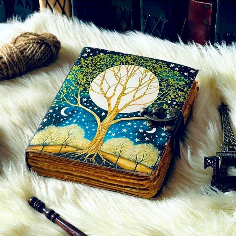 Large Tree of Life Leather Grimoire Journal: Blank Book of Shadows