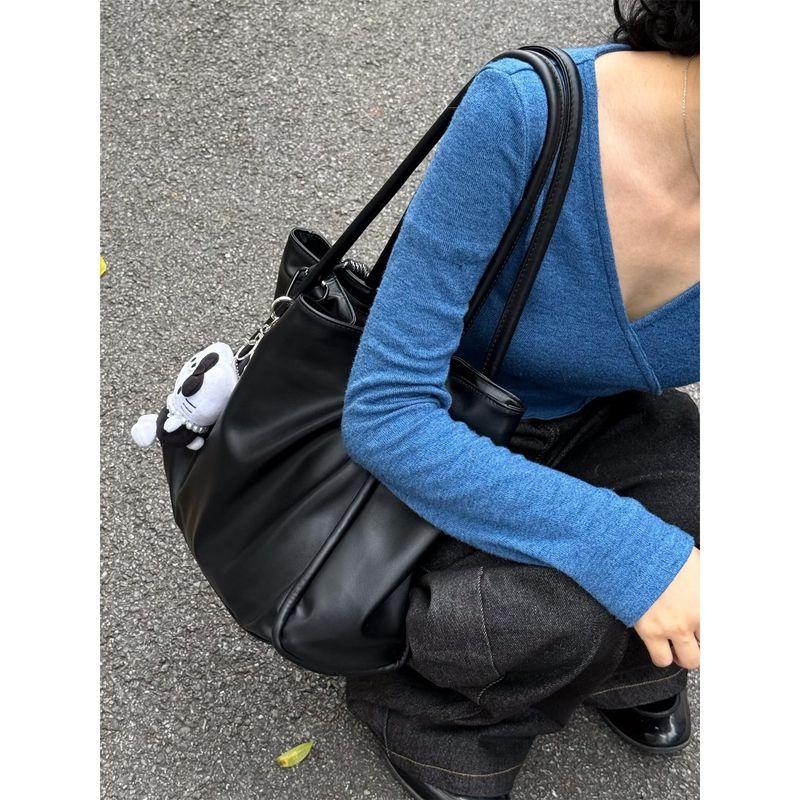 

Korean Series Large Capacity Tote Bag Women 2025 New High Sense Solid All-Match Handbag Idle Style Shoulder Bag Black