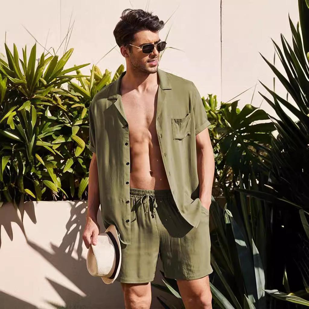 Summer Men's Cotton Linen Shirt Set Men's Casual Outdoor 2-Piece Suit and Home Clothes Pajamas Comfy Breathable Beach Short Sleeve Sets