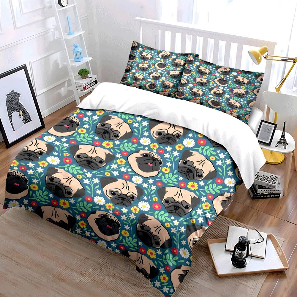 Pug-Themed Floral Pattern Set Exquisite Three-Piece Bedding Set Gift For Kids And Adults