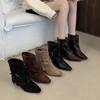 Fall 2025 new pointed toe thick heel mid-heel short pleated pile boots for women's wear with belt buckles and low-heeled boots