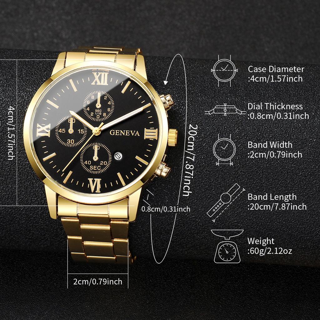 4pcs/set Men's Trendy Watch Bracelet Necklace Ring Set Hip Hop Style Casual Men's Cool Quartz Watch Set (No Box)