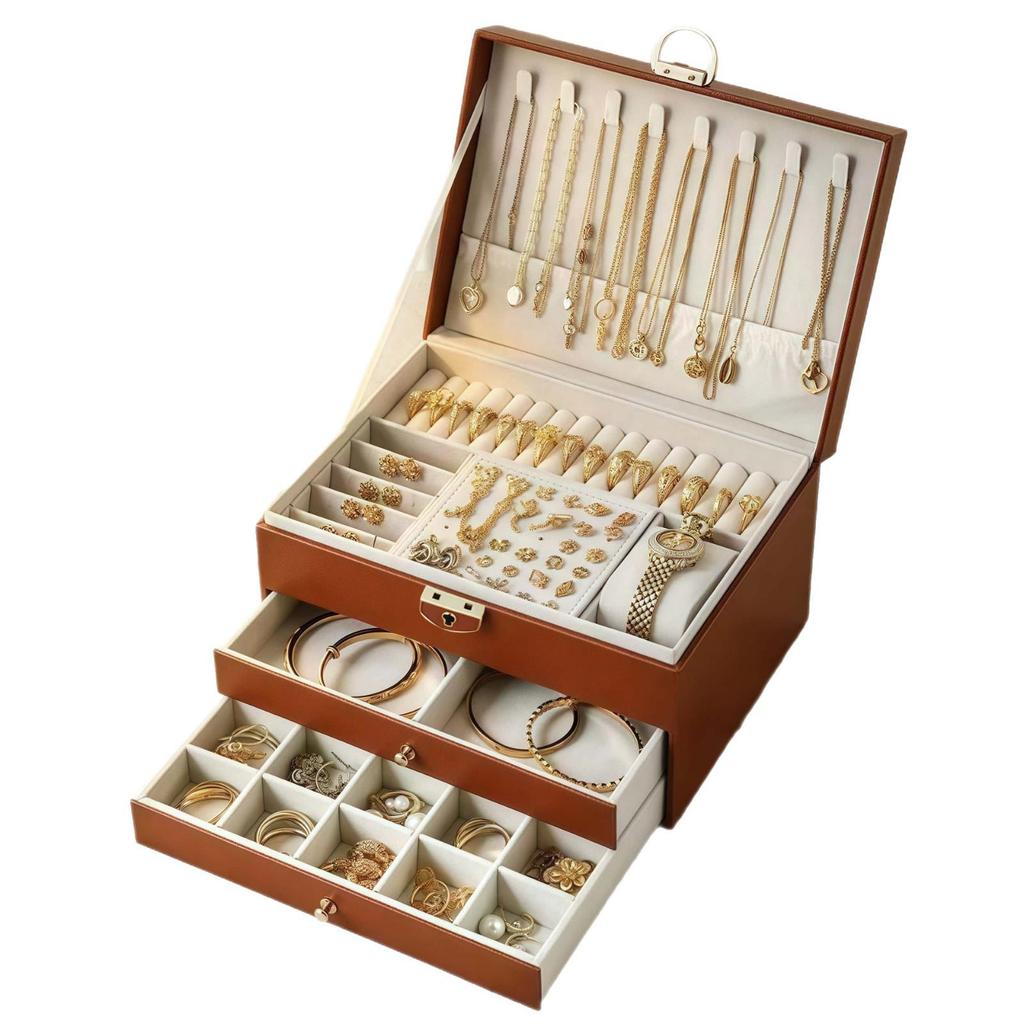 Three-Layer Leather Jewelry Box with Lock - Large Capacity, Dustproof, Multifunctional Storage