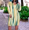 Women Plus Size V Neck Long Sleeve Yellow Brown Tie Dye Printed Straight Midi Dress