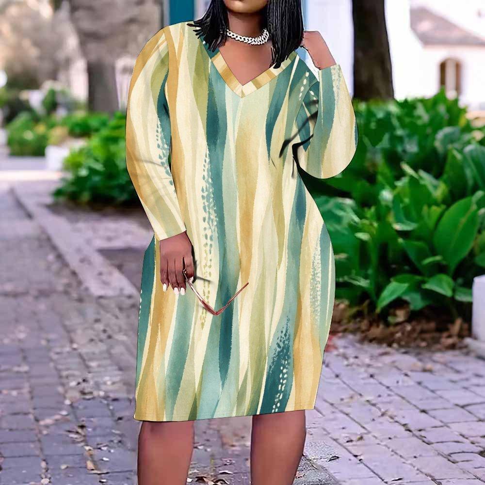 Women Plus Size V Neck Long Sleeve Yellow Brown Tie Dye Printed Straight Midi Dress