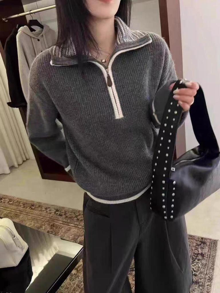 Women's 100% Wool Color-Block Half-Zip Sweater - Cozy Autumn/Winter Knitwear with Lapel Collar