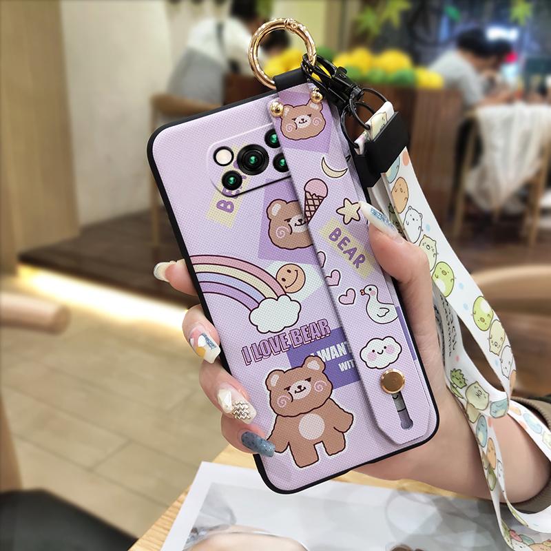Anti-dust Kickstand Phone Case For Xiaomi Poco X3 NFC/X3 Pro Wristband Lanyard Dirt-resistant Back Cover Cartoon Ring