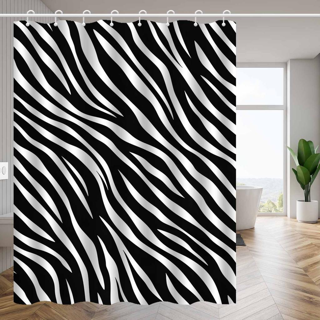 1Pc Black And White Seamless Zebra Hair Textured Shower Curtain, Machine Washable Polyester, Suitable For Bathroom Dcor.