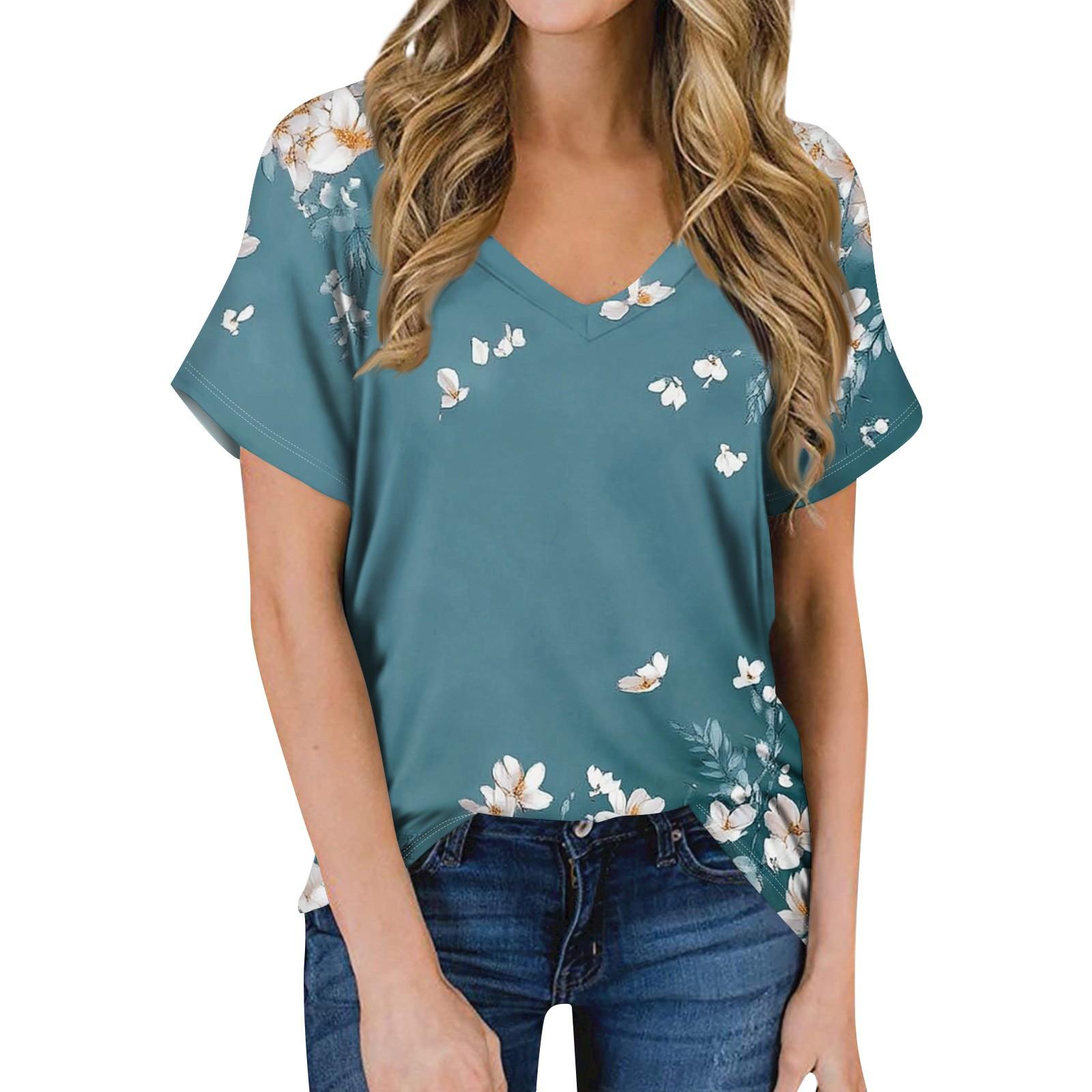 

Женская летняя модная повседневная блузка с V-образным вырезом и коротким рукавом с принтом M циан