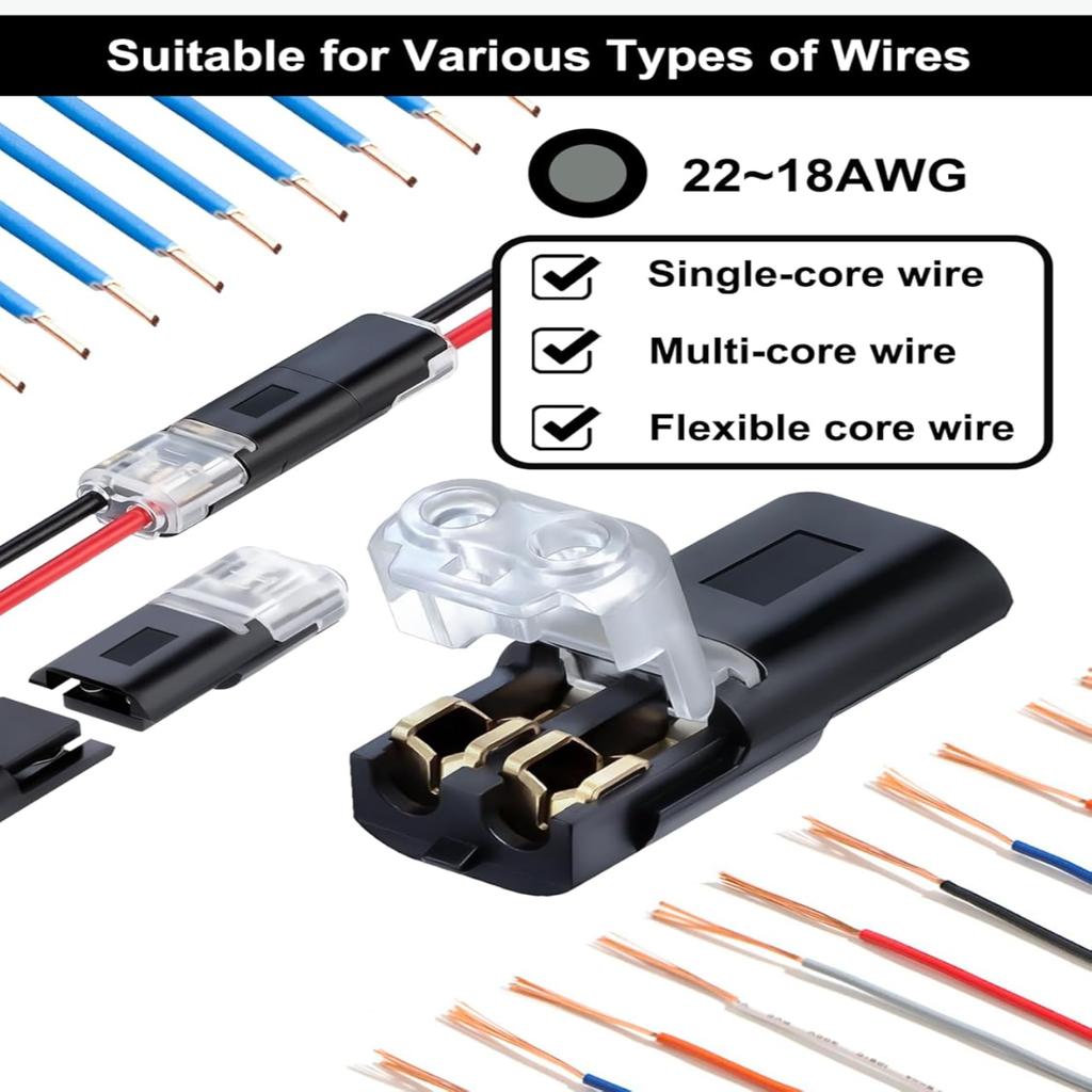 50pcs Double-Wire Plug-in Connector with Locking Buckle Pluggable LED Wire Connector 2 Pin 2 Way Universal Compact Wire