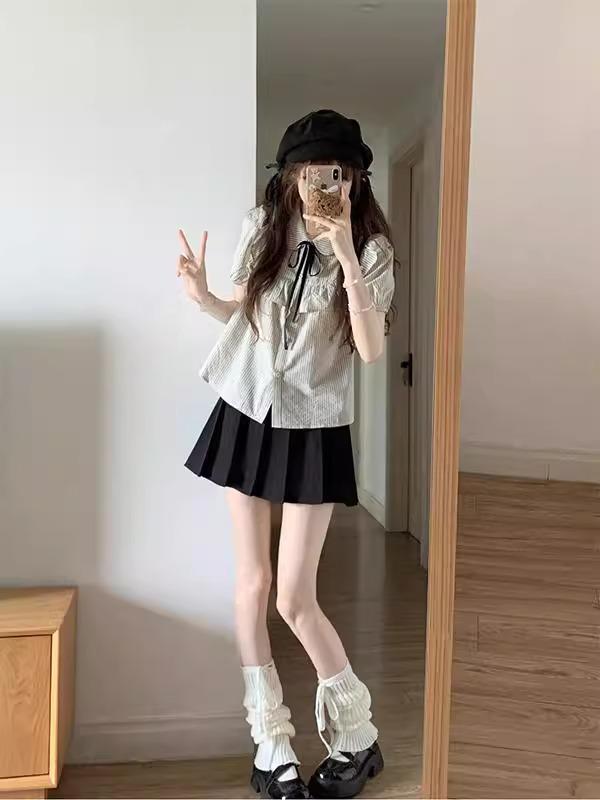 Women's Preppy Gray Striped Ruffle Puff Sleeve Two-Piece Set: Short-Sleeve Top and Skirt