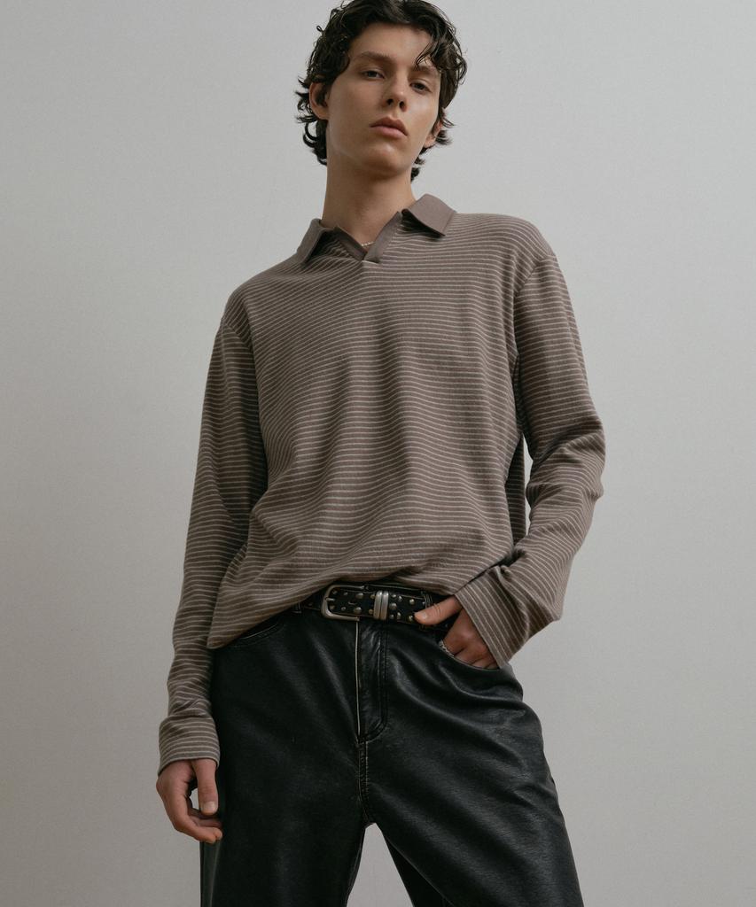 DUSTYWHITE Gray Boucle Striped Textured Collar T Shirt