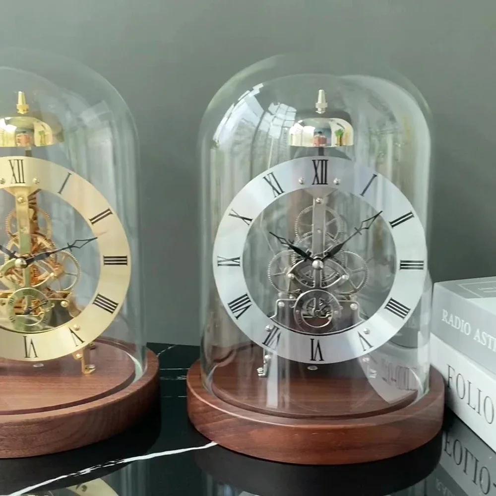 Luxury Mechanical Desk Clock with Glass Dome Black Walnut Solid Wood Base Light Home Office Decor Timepiece Ornament