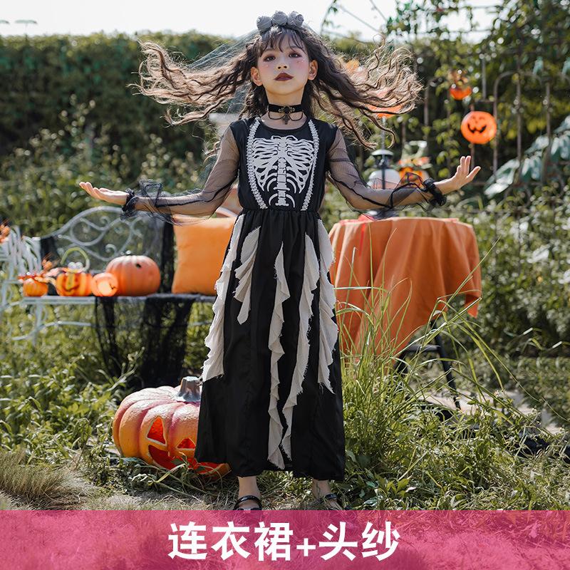 Halloween Costumes Kids Girls Dark Demon Ghost Bride Long Dress Vampire Skull Zombie Costumes Kids Costumes