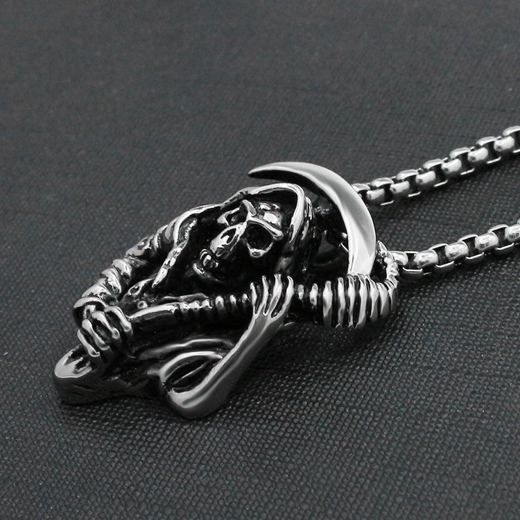 2023 Japanese & Korean Skull Scythe Pendant Necklace - Titanium Steel Punk Style for Men
