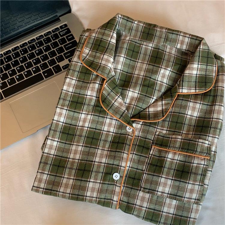 Korejské podzimní/zimní flanelové kostkované párové pyžamo s krajkovým výstřihem do V a dlouhým rukávem