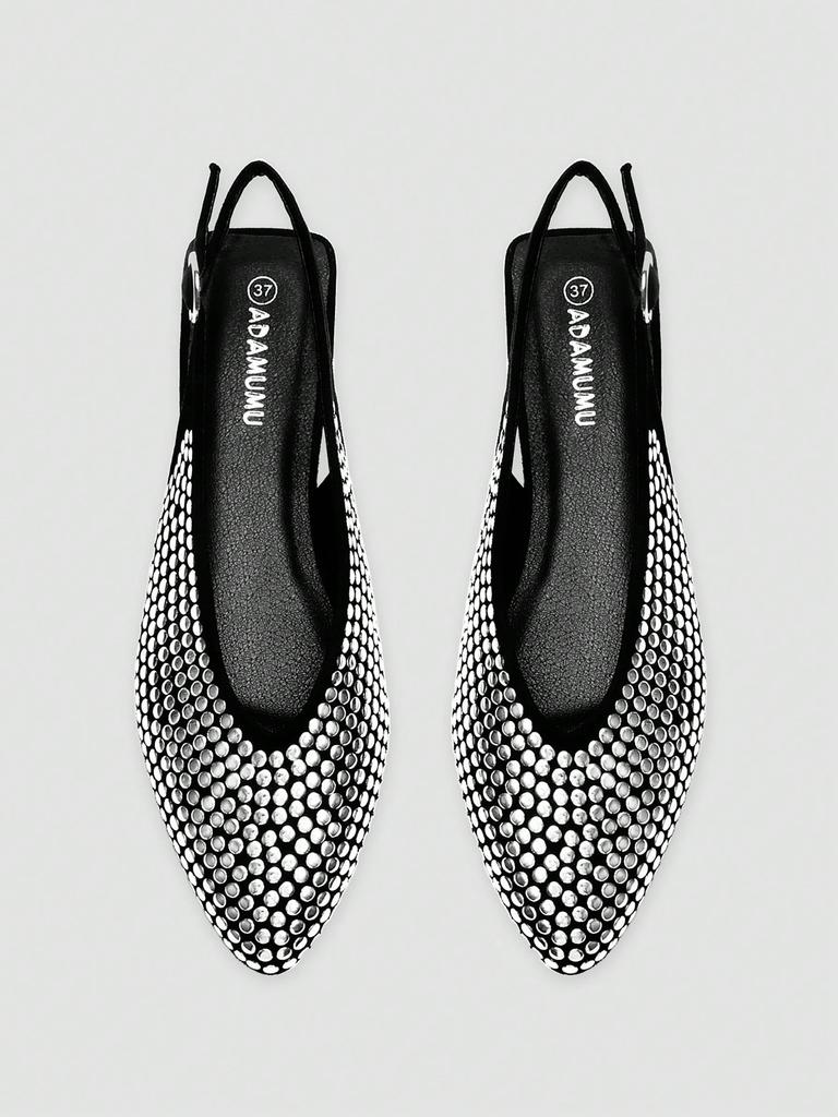 Women's ADAMUMU Black Pointed Toe Mary Jane Flats with Gold Sequin Embellishments & Slingback Buckle Design