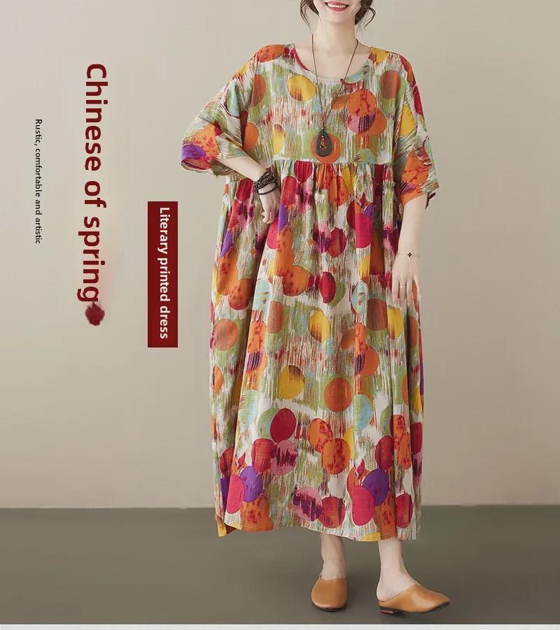 Boho dlhá sukňa letné šaty: Plus Size, Okrúhly výstrih, Krátky rukáv, pre ženy stredného a staršieho veku.