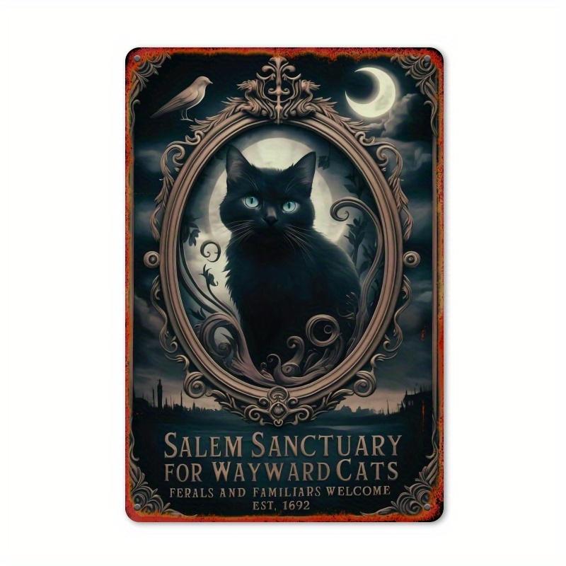 Style Salem Sanctuary for Wayward Cats Metal Sign, Wall Hanging Decor, Rustic Tin Art with Ornate Frame & Moonlit Night Design