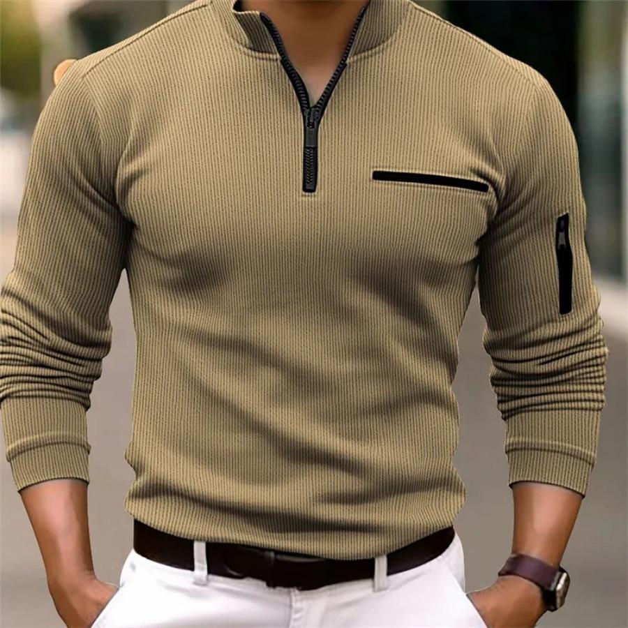 New Light Luxury Light Mature Casual Men Sports Retro  Style Striped Zipper  Arm  Fashion Men  Outdoor  Long  Sleeve POLO Shirt