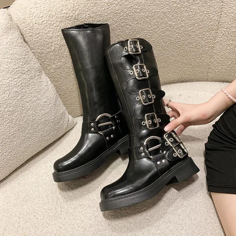 Womens Knee-high Boots Fashion Western Cowboy Boots Casual Leather Boots for Women Belt Buckle Punk Boot Mid Calf Boot
