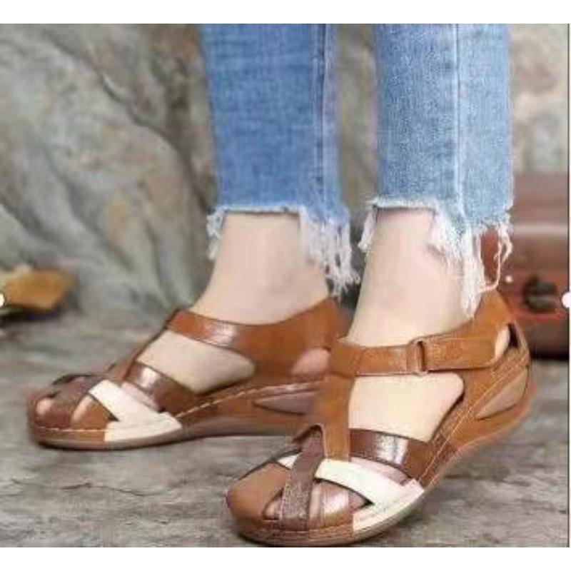 

Summer new large size retro round head wedge heel women s shoes cross buckle women s sandals 43 светло-коричневого