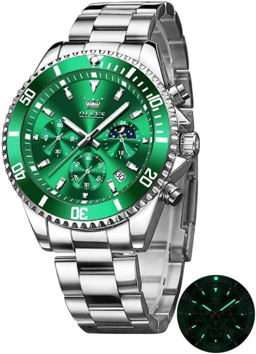 

OLVES Quartz Popular Business Watch with Chronograph Easy to Luminous Stainless Steel Band Men s Watch, Movement, Read, Waterproof, (Green) зелёный