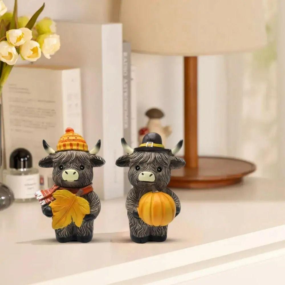 2pcs Resin Cow Statue Cute Animal Figurine Sculpture Crafts Highland Cattle Ornament  Table