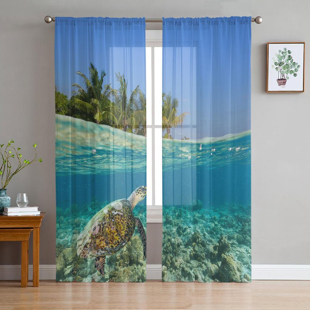 Blue Ocean Green Turtle Tulle Curtains For Living Room Bedroom Decoration Sheer Voile Window Curtains Party Drapes Panels