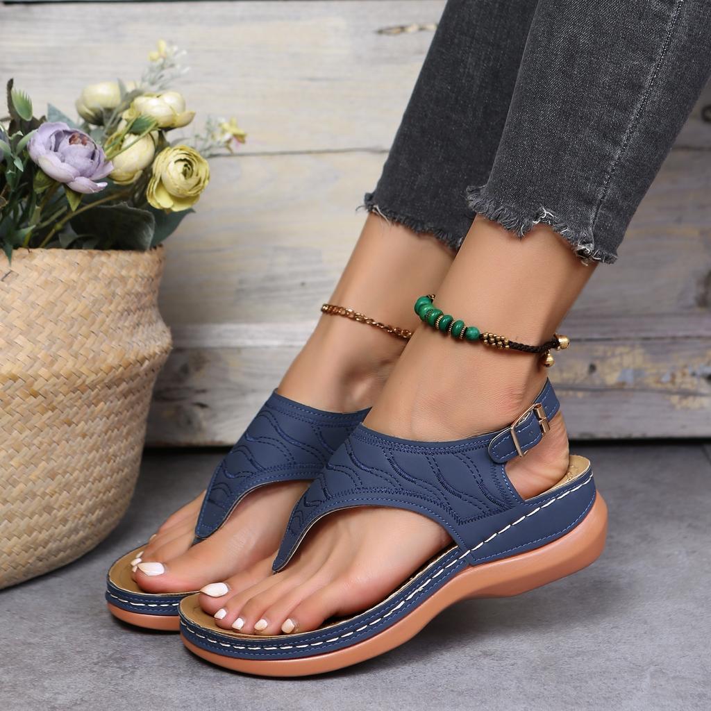 Thone-Keilsandalen für Damen, einfarbige Slingback-Schuhe mit offenem Zehenbereich und Knöchelschnalle, lässige Retro-Schuhe