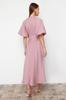 Women's Fashion Linen Look Woven Shirt Dress with Stone Belt and Half Balloon Sleeves