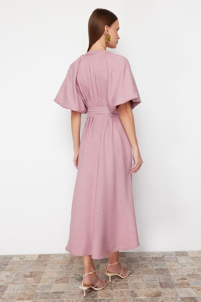 Women's Fashion Linen Look Woven Shirt Dress with Stone Belt and Half Balloon Sleeves