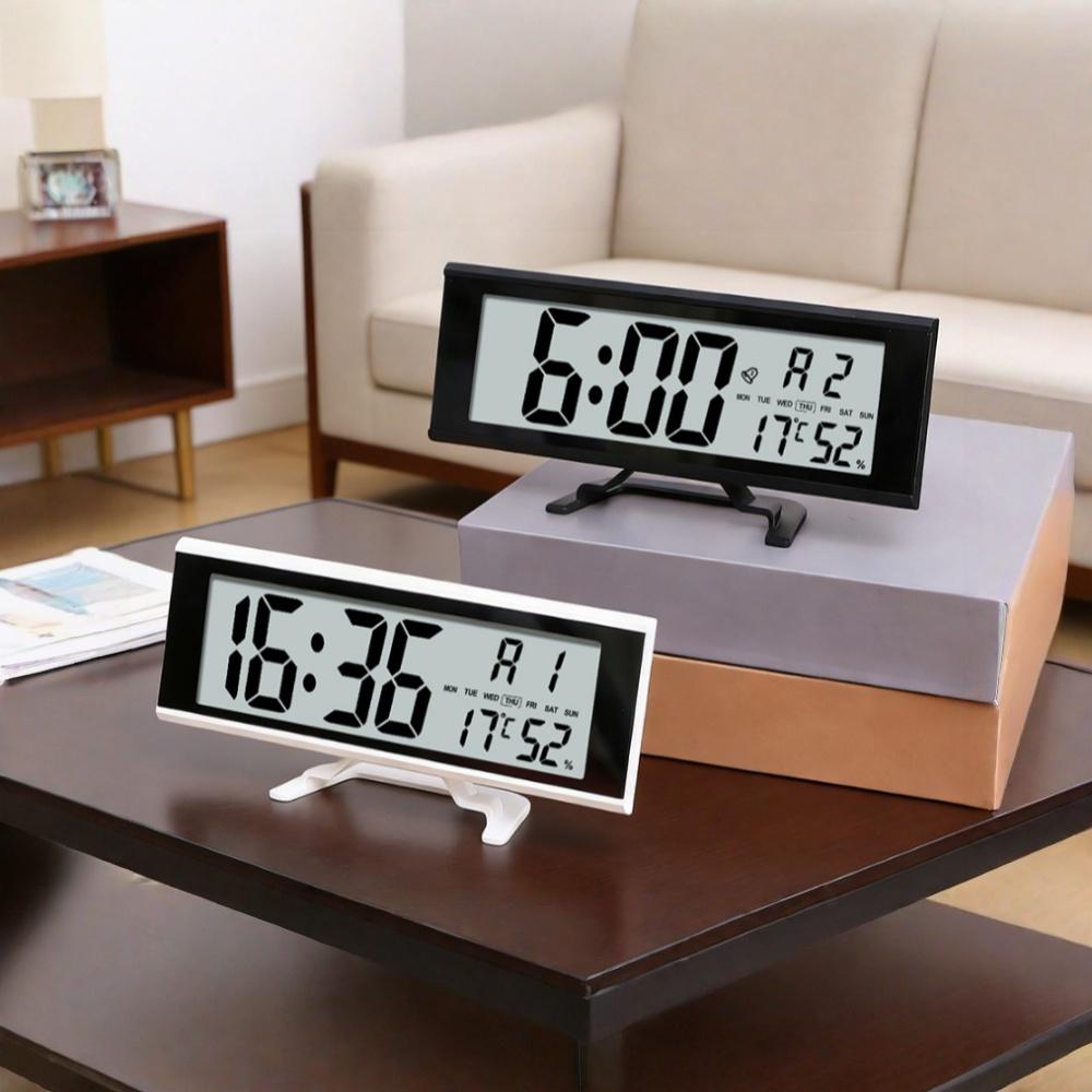 Battery Powered Large Digital Alarm Clock with Backlight Temperature Humidity Date Snooze Table Clock Dual Alarm12/24H LCD Clock