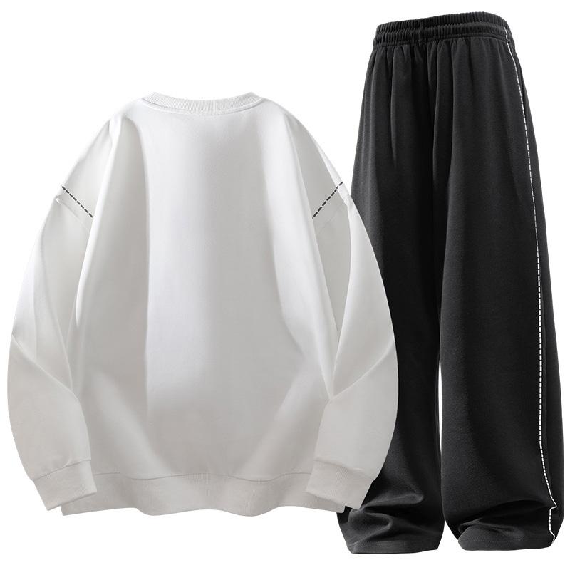 

Мужской свободный костюм из двух предметов с круглым вырезом, осенняя мода, корейская версия, свободный повседневный, эластичная талия, спортивный костюм M белый