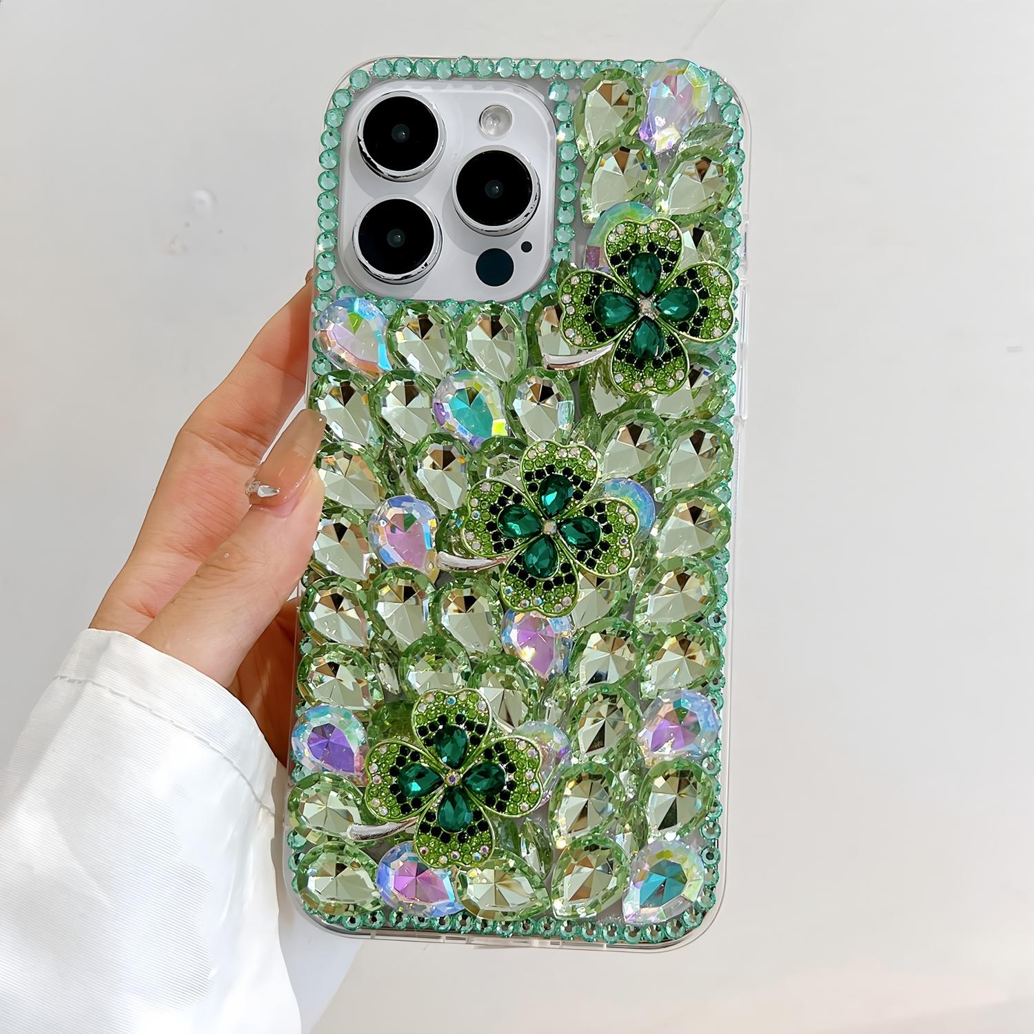 

Glitter Rhinestone Clover Flower Crystal Diamond Bling Sparkle Case For XiaoMi Poco C75 C65 C71 C55 C61 4G 5G Poco C55 зелений