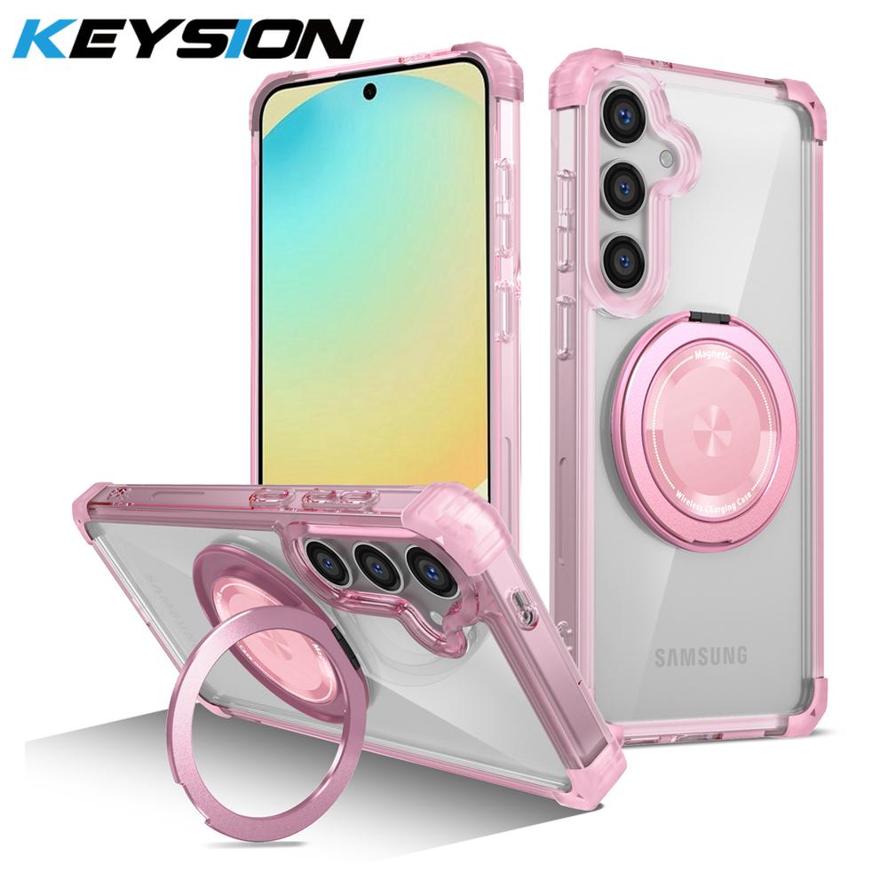 KEYSION Transparent Case for MagSafe for Samsung Galaxy S24 FE 5G 360° Magnetic Ring Stand Wireless Charging Clear Phone Cover