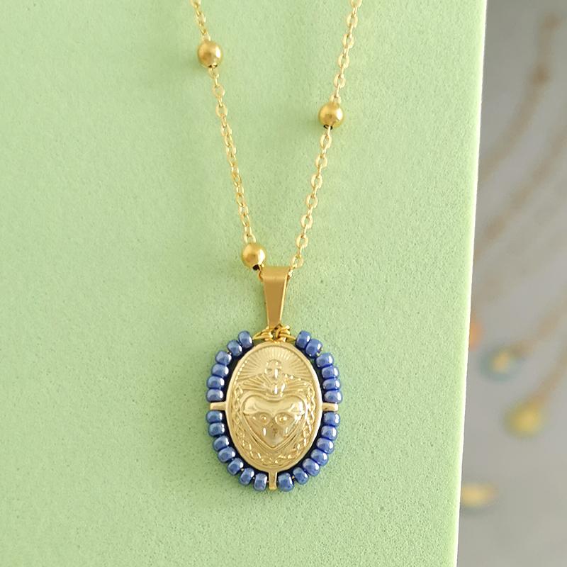 QMHJE Virgin Mary Pendant Charm Necklace Women Cross Scared Heart Jesus Choker Seed Beads Stainless Steel Chain Gold Color Mom